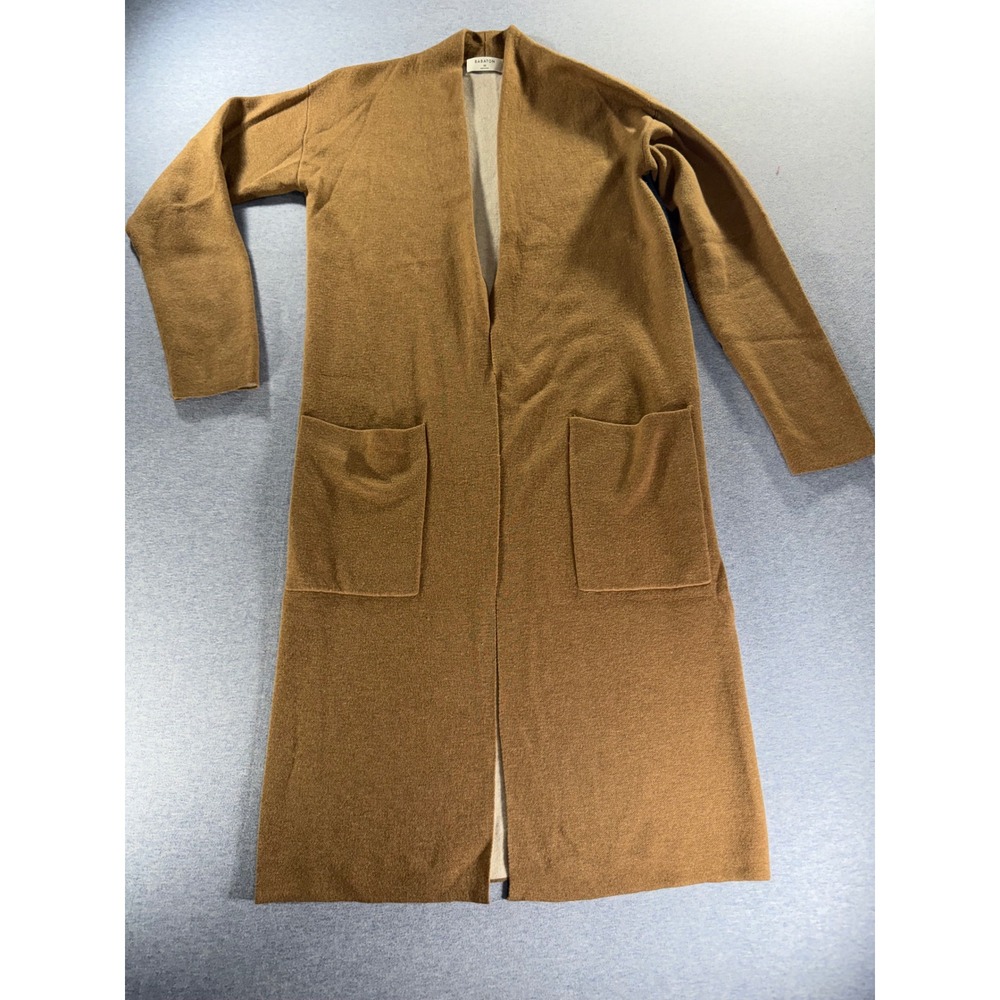 Babaton Aritzia Wool Blend Long Cardigan Camel Brown Open Front Pockets XS 75566